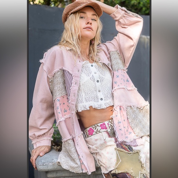 POL Jackets & Blazers - *NEW* POL Blush Pink Denim Patchwork Utility Jacket Sz Medium
